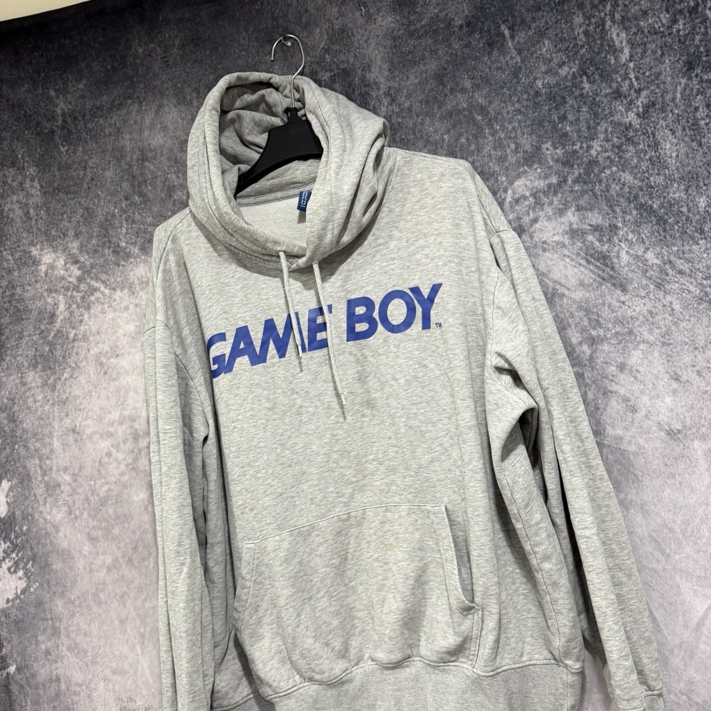 H&M Game Boy Nintendo Hoodie XL Gray Cowl Neck Pullover Sweatshirt Gamer